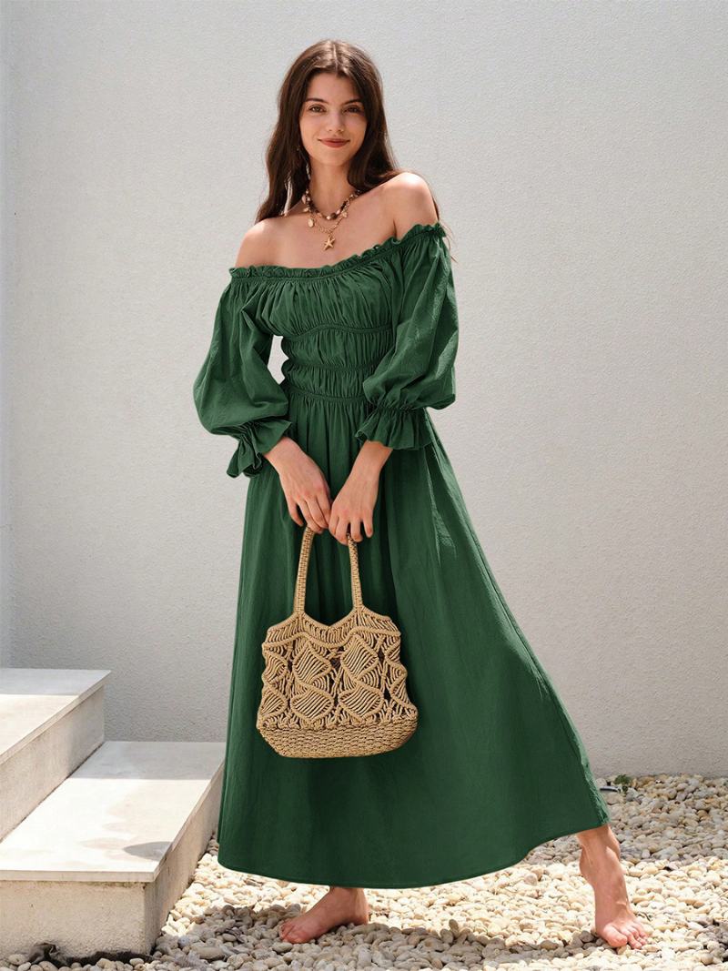 Γυναικεία Φόρεμα Off The Shoulder Πλισέ Καθημερινά Casual Μάξι Φορέματα Σε Πράσινο Χρώμα - Πράσινος