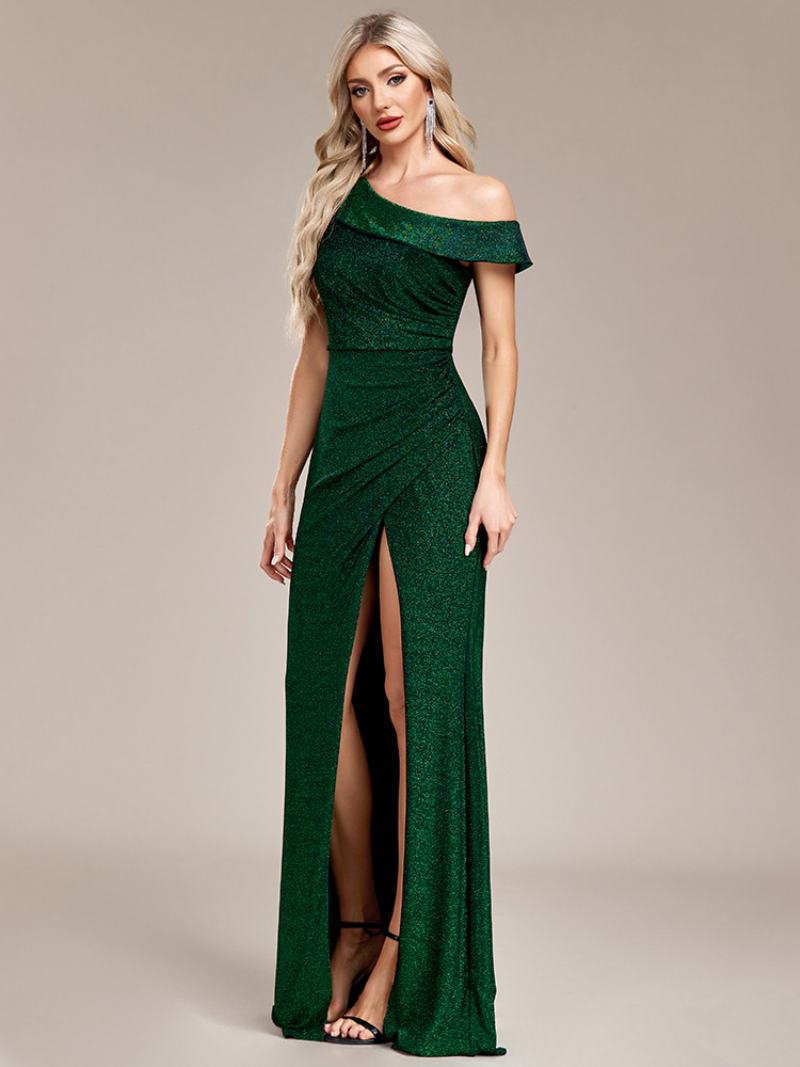 Γυναικεία Φόρεμα One Shoulder Prom Maxi Με Ψηλό Σκίσιμο Παγιέτες - Πράσινος