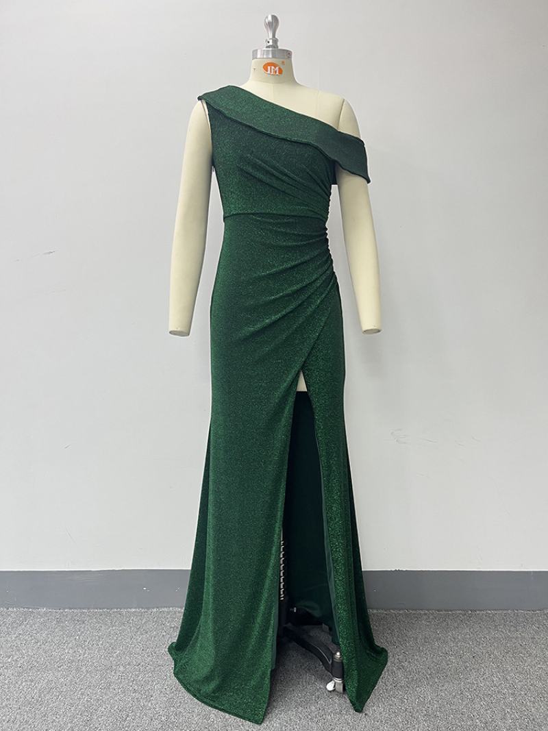 Γυναικεία Φόρεμα One Shoulder Prom Maxi Με Ψηλό Σκίσιμο Παγιέτες - Πράσινος