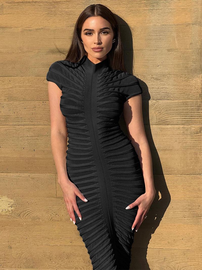 Γυναικεία Φόρεμα See Through Bodycon Με Κοντό Μανίκι Ruched Night Out Maxi Φορέματα - Μαύρο