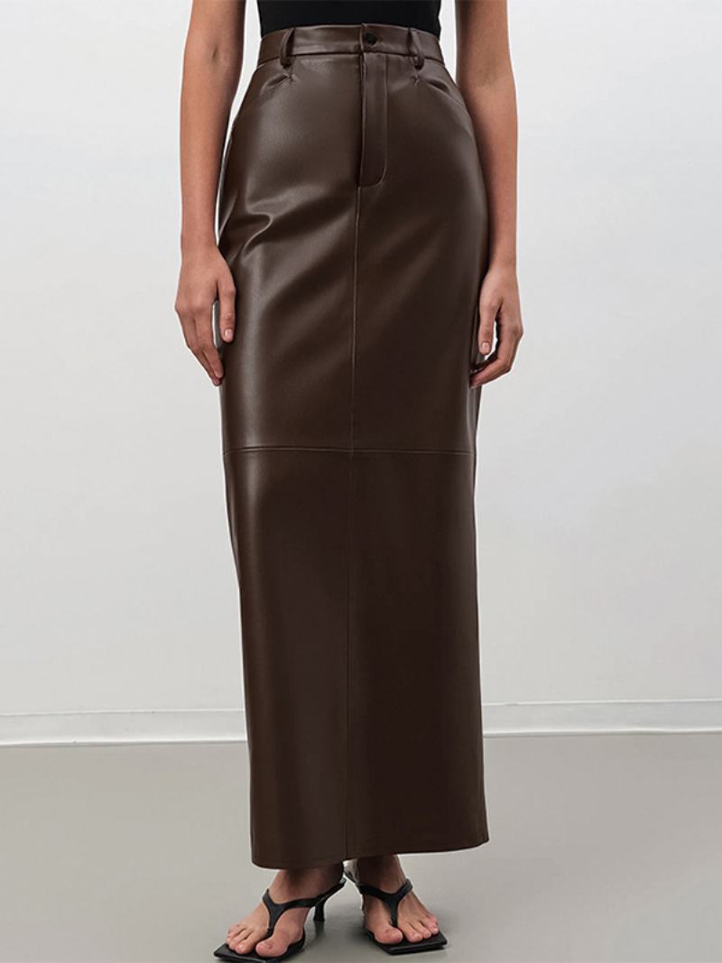 Γυναικείες Coffee Brown Full Skirt Δερμάτινες Φούστες Με Ψηλό Σκίσιμο Pu