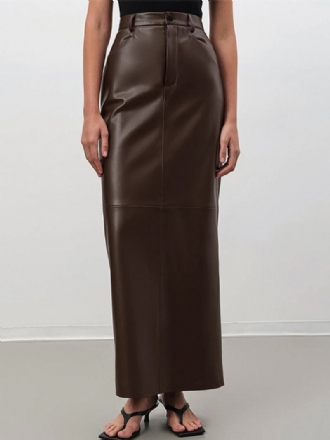 Γυναικείες Coffee Brown Full Skirt Δερμάτινες Φούστες Με Ψηλό Σκίσιμο Pu