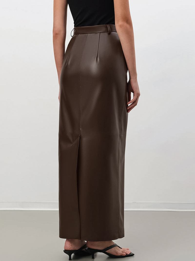 Γυναικείες Coffee Brown Full Skirt Δερμάτινες Φούστες Με Ψηλό Σκίσιμο Pu - Καφέ Καφέ