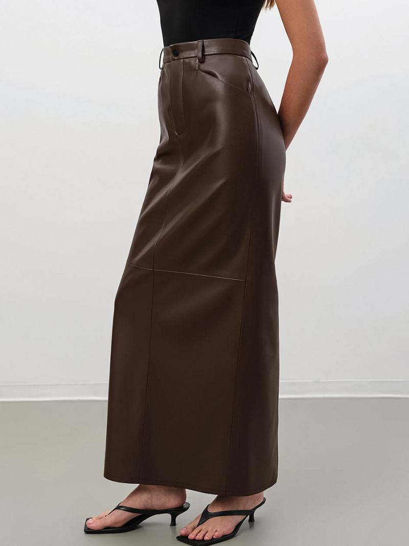 Γυναικείες Coffee Brown Full Skirt Δερμάτινες Φούστες Με Ψηλό Σκίσιμο Pu - Καφέ Καφέ