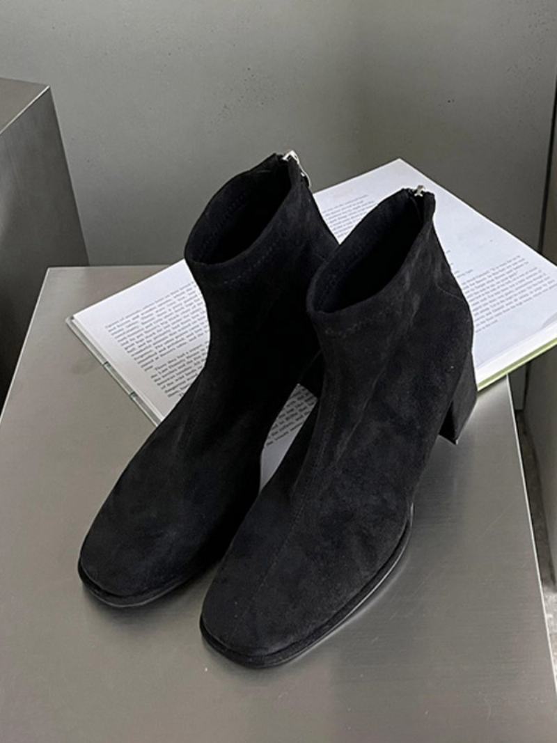 Γυναικείες Micro Suede Μποτάκια Με Χοντρό Τακούνι Τετράγωνο Επάνω Μέρος - Μαύρο