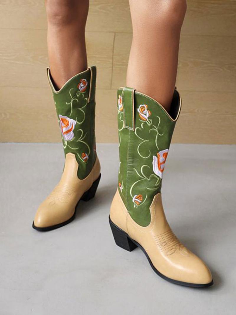 Γυναικείες Mid Calf Μπότες Pu Δερμάτινες Μυτερές Cowboy Με Τακούνι Puppy