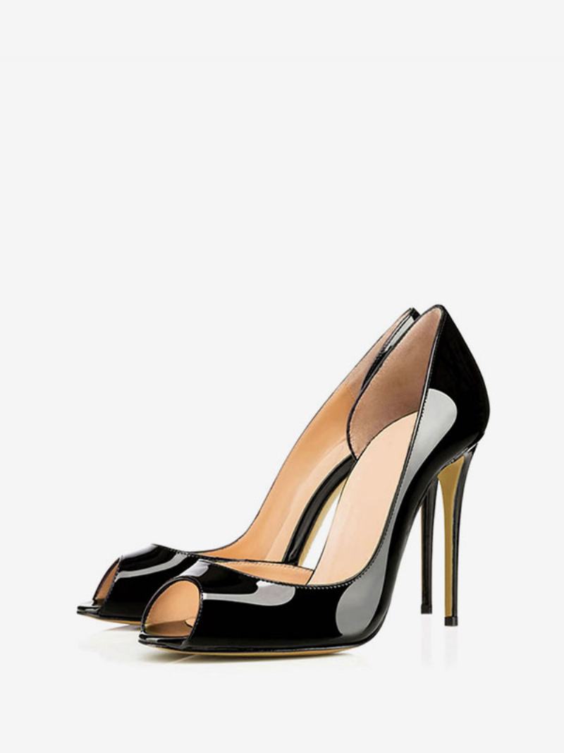 Γυναικείες Peep Toe Heels Λουστρίνι Stiletto Ψηλοτάκουνες Αντλίες Σε Μαύρο Χρώμα