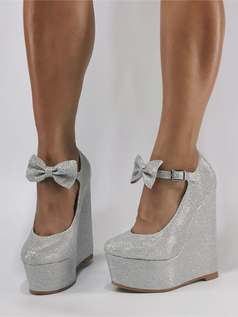 Γυναικείες Wedge Heels Glitter Round Toe Bow Παπούτσια Prom