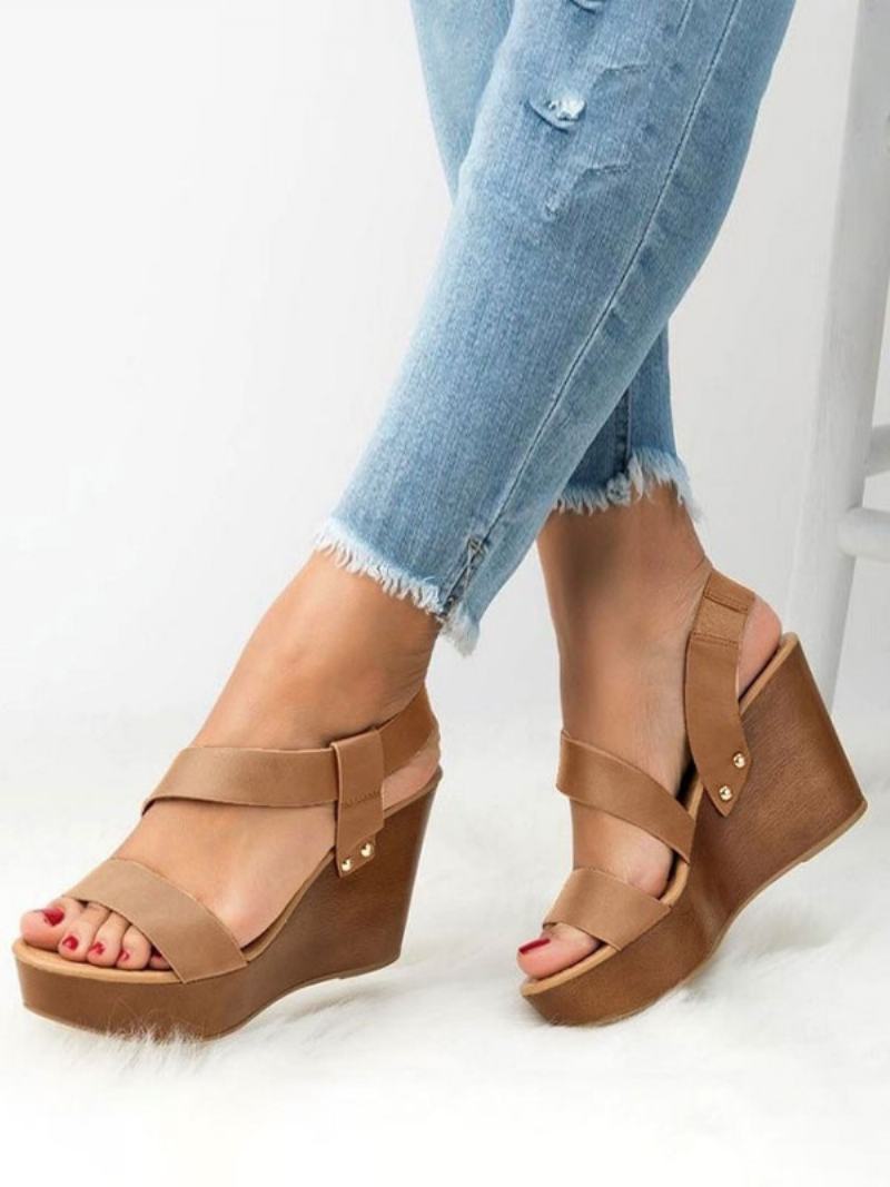 Γυναικείες Wedge Heels Gold Open Toe Strappy Σανδάλια - Καφέ Καφέ