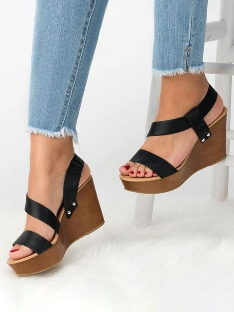 Γυναικείες Wedge Heels Gold Open Toe Strappy Σανδάλια - Μαύρο