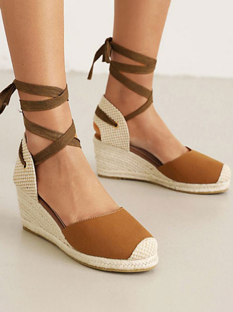 Γυναικείες Wedge Heels Lace Up Round Toe Terry Wedges - Καμέλα