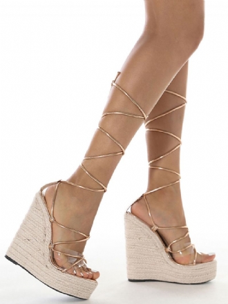 Γυναικείες Wedge Heels Open Toe Lace Up Pu Δερμάτινα Ξανθά Σανδάλια