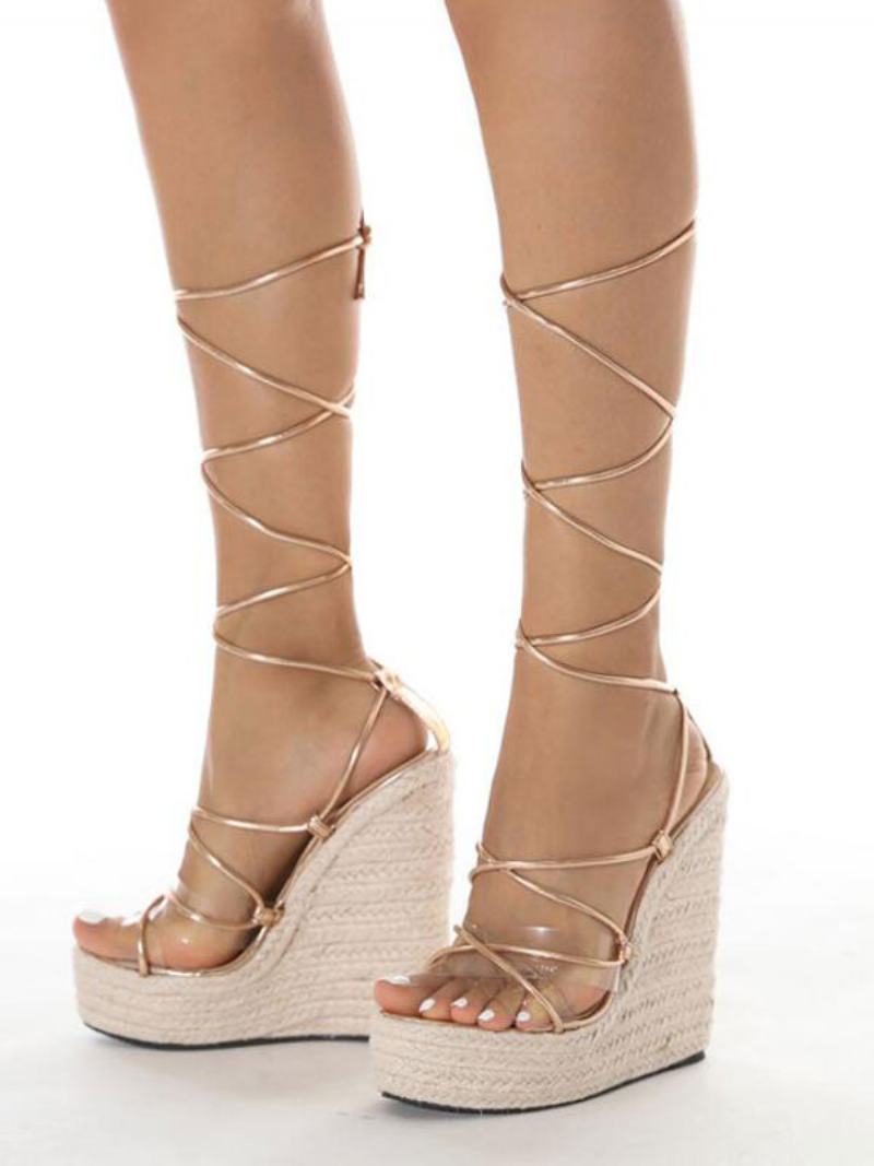 Γυναικείες Wedge Heels Open Toe Lace Up Pu Δερμάτινα Ξανθά Σανδάλια - Χρυσός