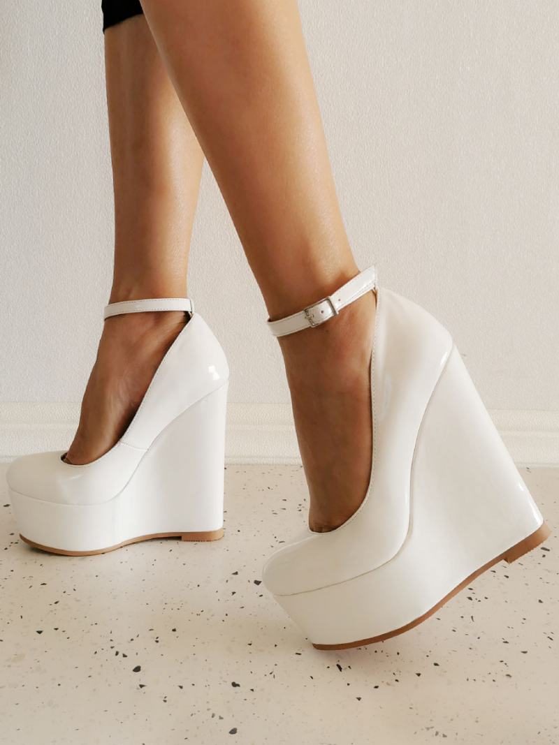 Γυναικείες Wedge Heels Σέξι Παπούτσια Στρογγυλές Δερμάτινες Σφήνες - Άσπρο