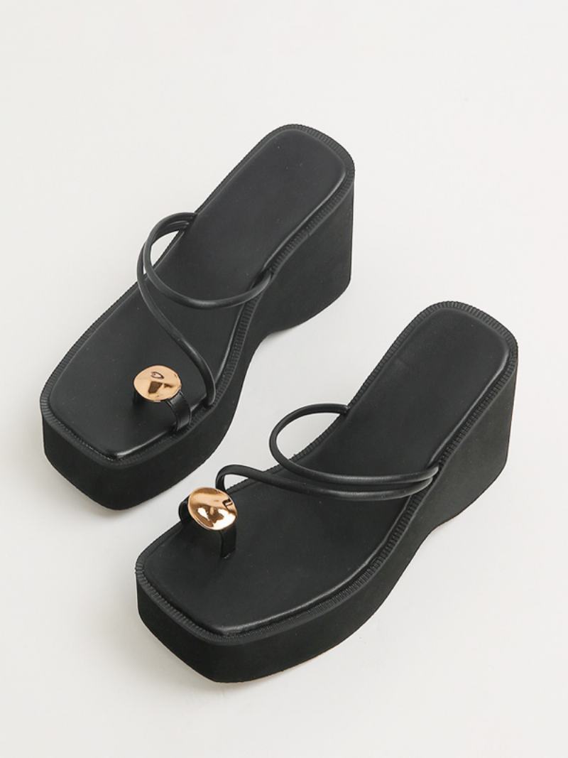 Γυναικείες Wedge Slippers Μαύρη Πλατφόρμα Toe Loop Σανδάλι Slides - Μαύρος