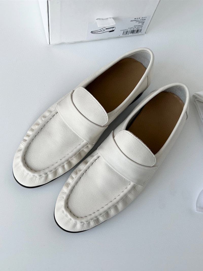 Γυναικείες White Penny Loafers Round Toe Slip On Επίπεδα Παπούτσια