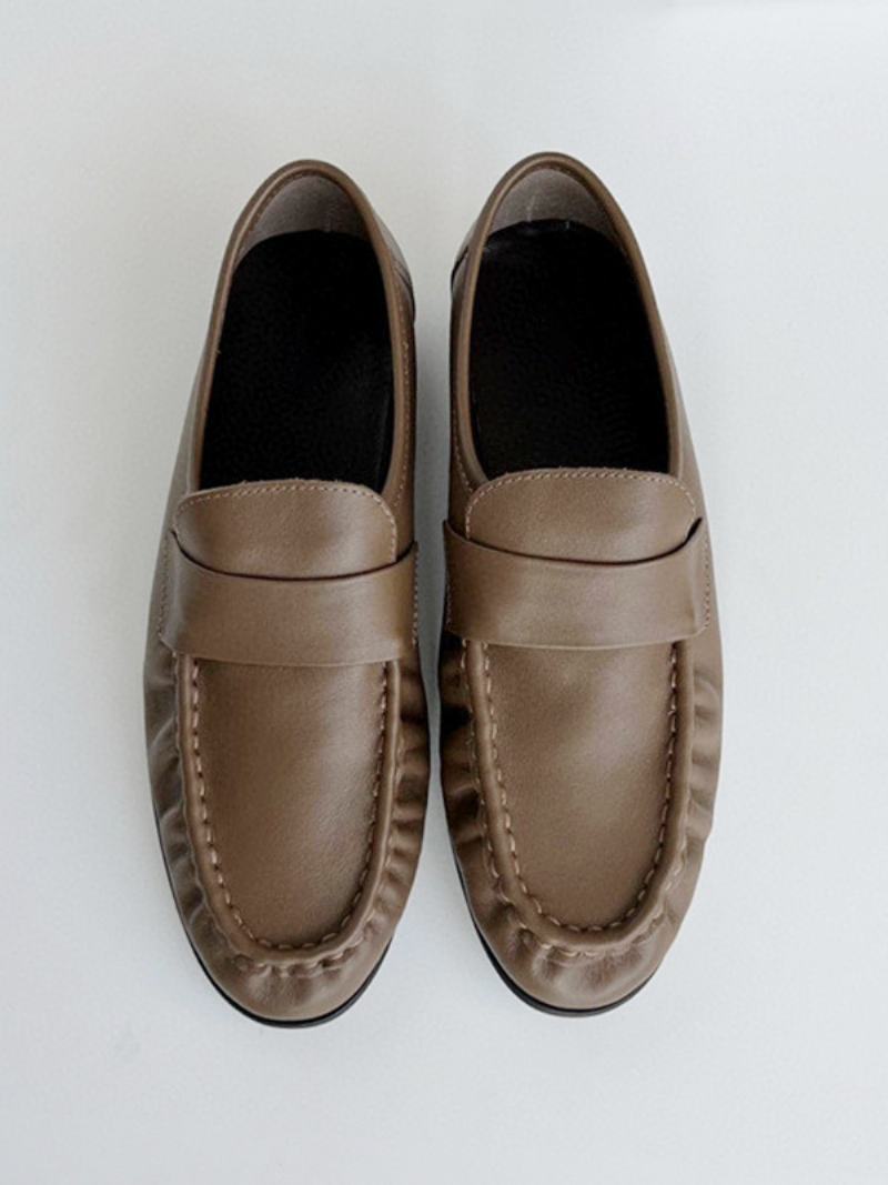 Γυναικείες White Penny Loafers Round Toe Slip On Επίπεδα Παπούτσια - Καφέ Καφέ