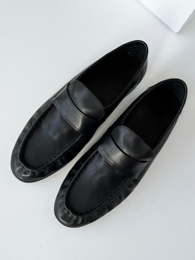 Γυναικείες White Penny Loafers Round Toe Slip On Επίπεδα Παπούτσια - Μαύρο