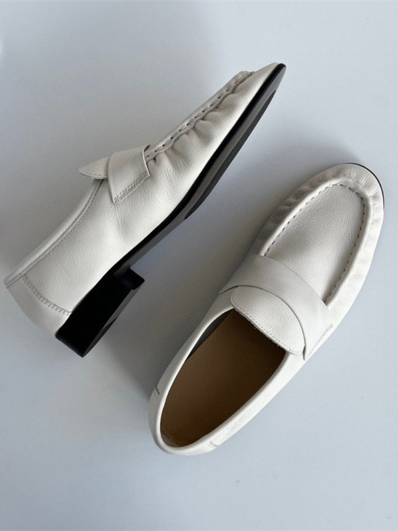 Γυναικείες White Penny Loafers Round Toe Slip On Επίπεδα Παπούτσια - Λευκό