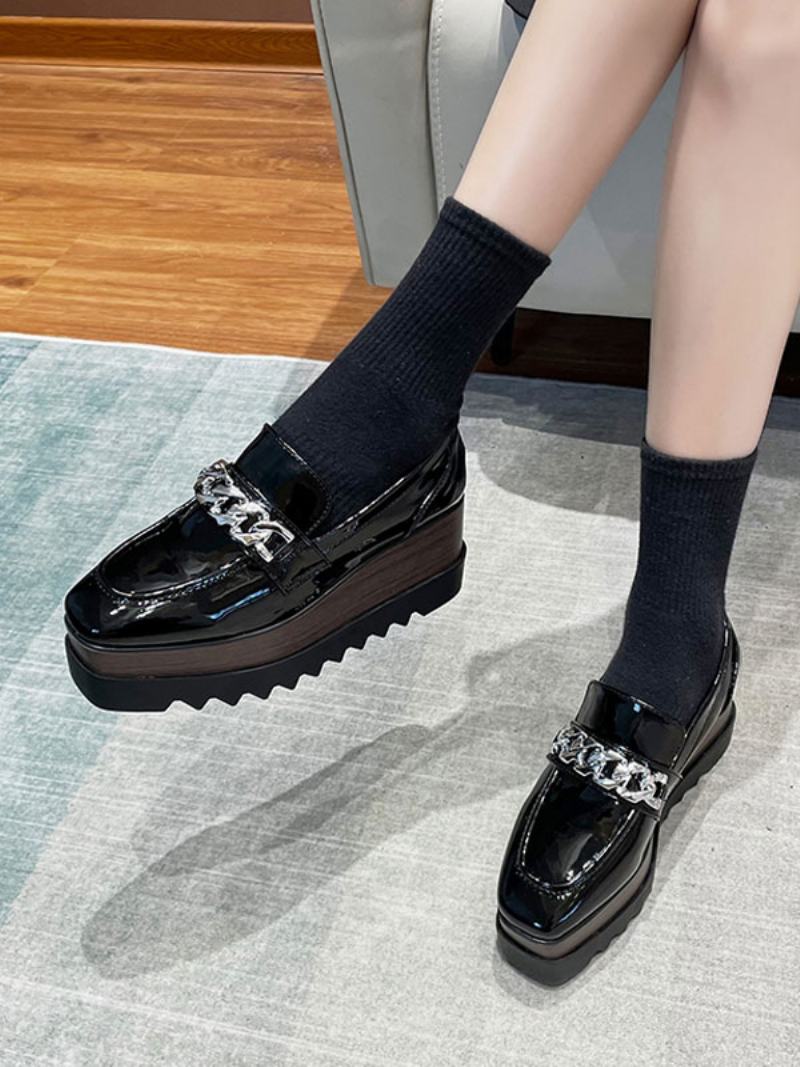 Γυναικείες Αλυσίδες Square Toe Wedge Heel Oxfords Patent Leather - Μαύρο