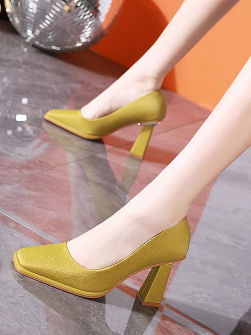 Γυναικείες Γόβες Chic Square Toe Pumps Χοντρό Τακούνι Pu Δέρμα - Κίτρινο