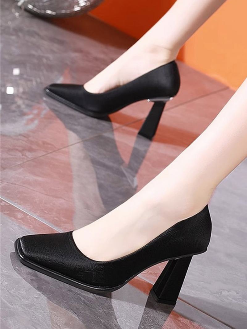 Γυναικείες Γόβες Chic Square Toe Pumps Χοντρό Τακούνι Pu Δέρμα - Μαύρο