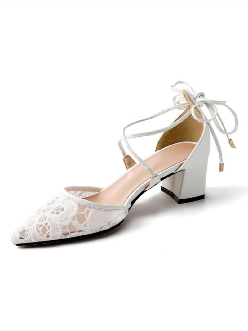 Γυναικείες Δαντέλες Με Strappy Block Heel Bridal Dorsay Pumps - Άσπρο