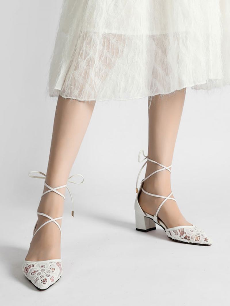 Γυναικείες Δαντέλες Με Strappy Block Heel Bridal Dorsay Pumps - Άσπρο