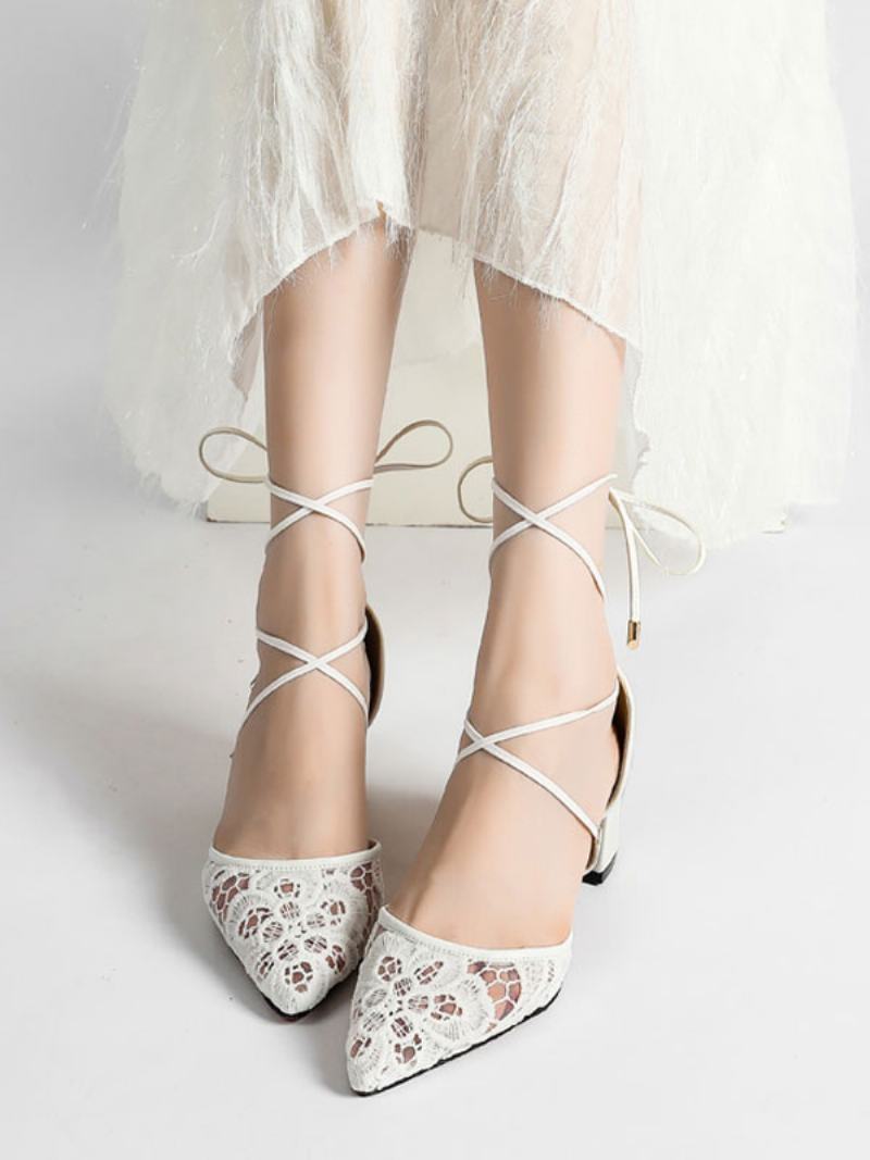 Γυναικείες Δαντέλες Με Strappy Block Heel Bridal Dorsay Pumps - Άσπρο