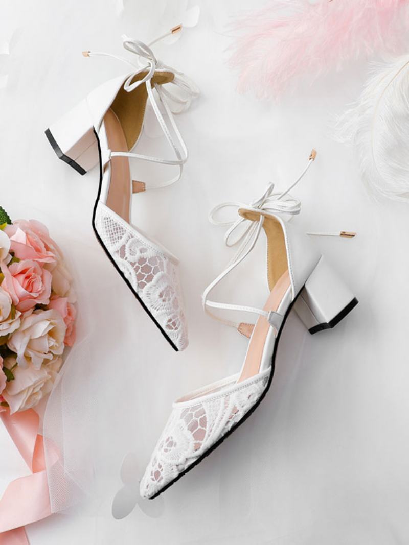 Γυναικείες Δαντέλες Με Strappy Block Heel Bridal Dorsay Pumps - Άσπρο