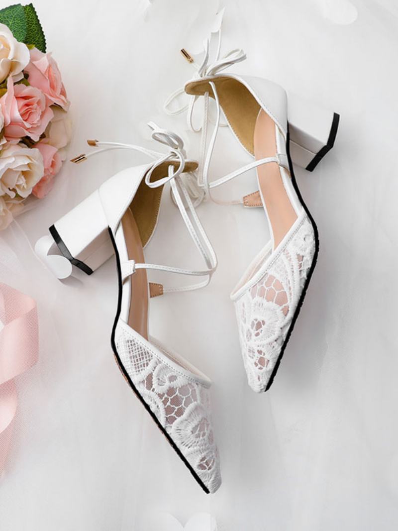 Γυναικείες Δαντέλες Με Strappy Block Heel Bridal Dorsay Pumps - Άσπρο