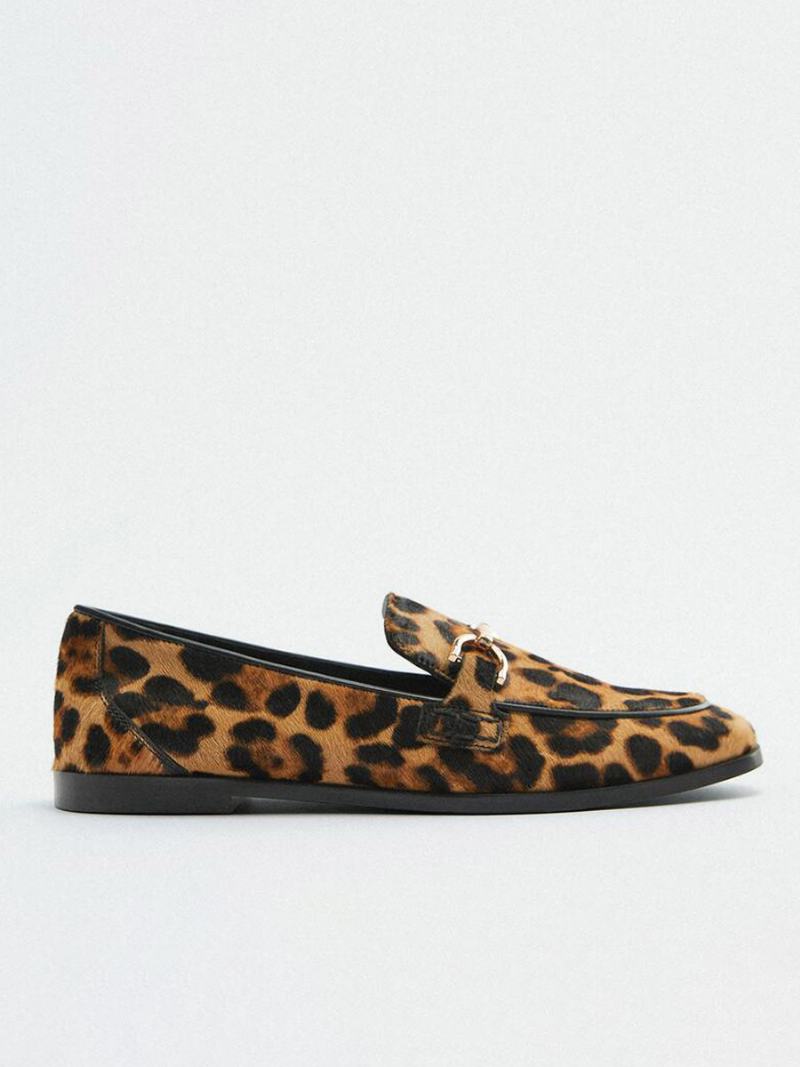 Γυναικείες Μεταλλικές Λεπτομέρειες Leopard Print Loafers Flat Horse Hair - Λεοπάρδαλη