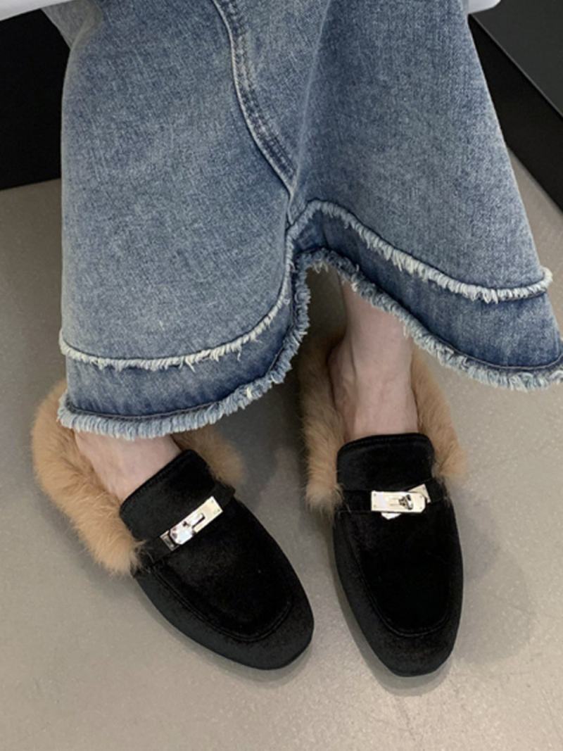 Γυναικείες Μεταλλικές Λεπτομέρειες Slingbacks Flat Mules Micro Suede Επάνω Μαύρο - Μαύρος