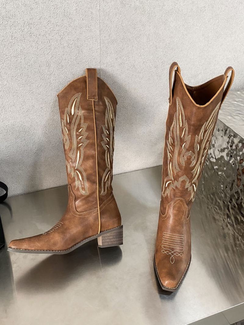 Γυναικείες Μπότες Mid Calf Μποτάκια Cowboy Με Τετράγωνα Κεντημένα Δάχτυλα - Καφέ Καφέ