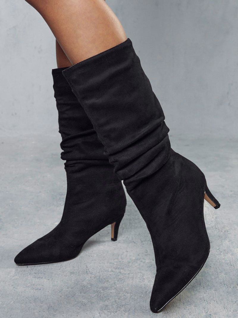 Γυναικείες Μπότες Slouchy Kitten Heel Mid Calf - Μαύρο