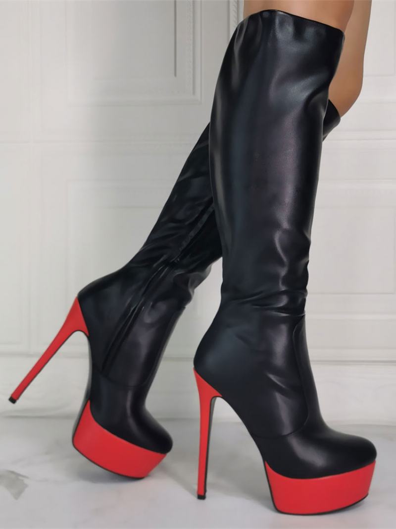 Γυναικείες Μπότες Stiletto Heel Plus Size Platform Black Sky Ψηλοτάκουνα Γόνατο - Μαύρος