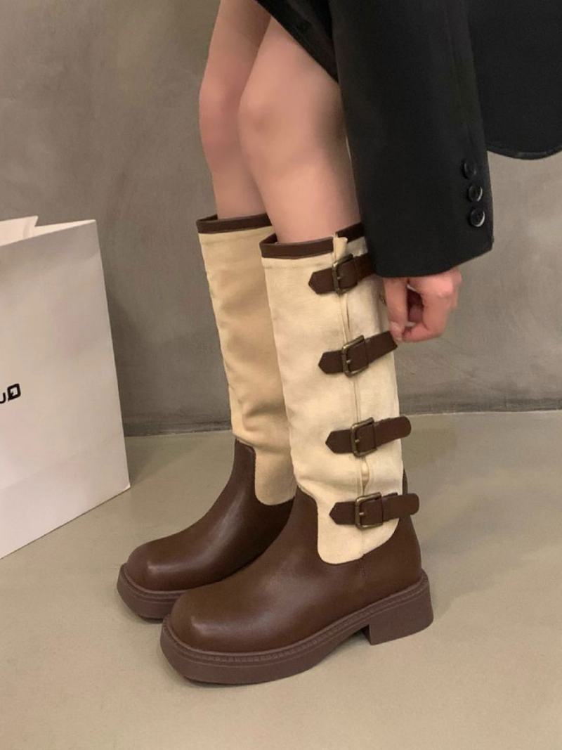 Γυναικείες Μπότες Ιππασίας Mid Calf Με Αγκράφα Suede Round Toe Boots - Βαθύ Καφέ