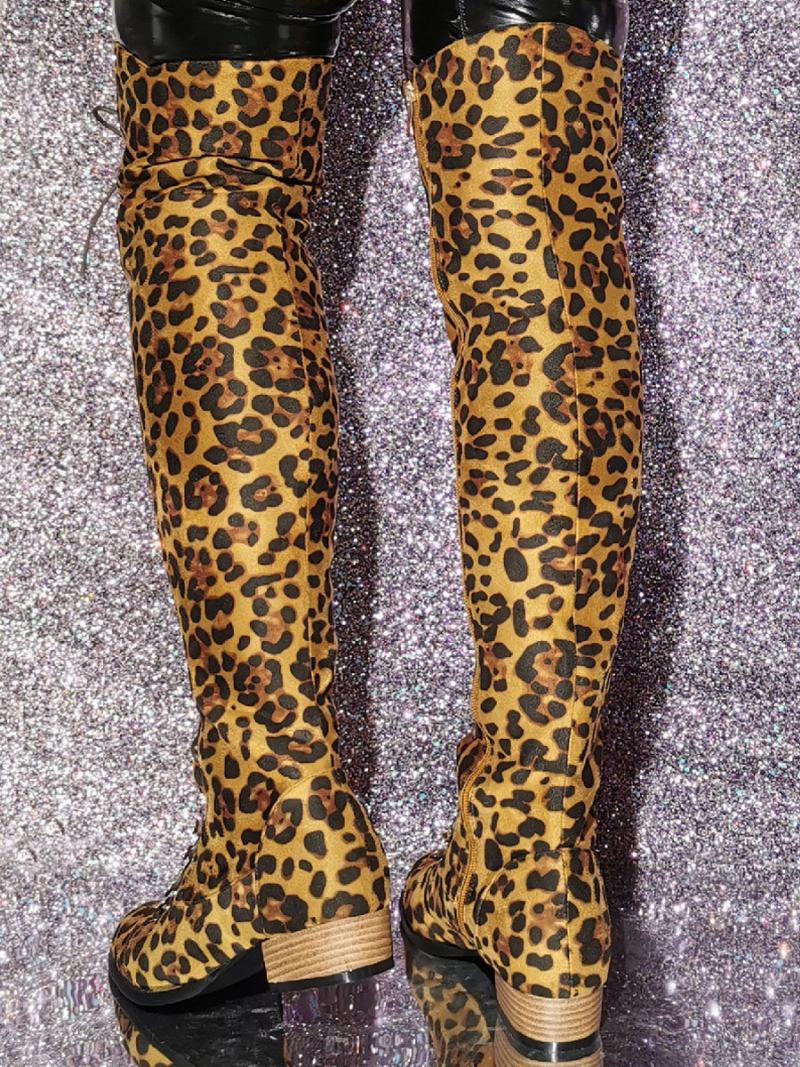 Γυναικείες Μπότες Με Στάμπα Leopard Ψηλές Puppy Heel Ελαστικό Ύφασμα - Λεοπάρδαλη