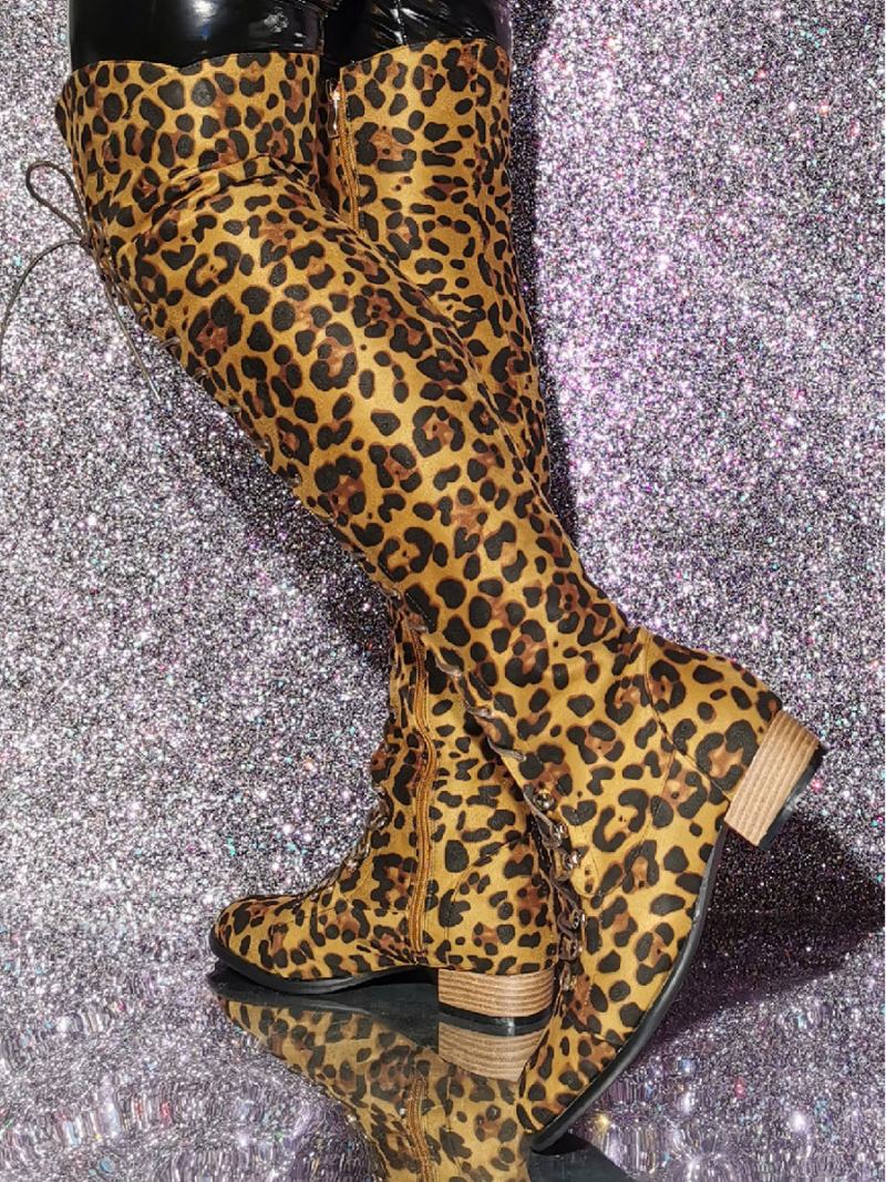 Γυναικείες Μπότες Με Στάμπα Leopard Ψηλές Puppy Heel Ελαστικό Ύφασμα - Λεοπάρδαλη