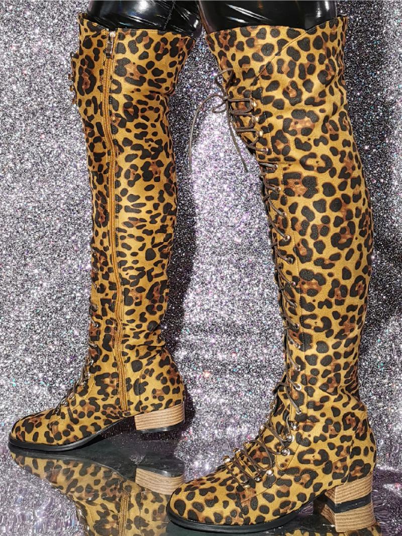 Γυναικείες Μπότες Με Στάμπα Leopard Ψηλές Puppy Heel Ελαστικό Ύφασμα - Λεοπάρδαλη