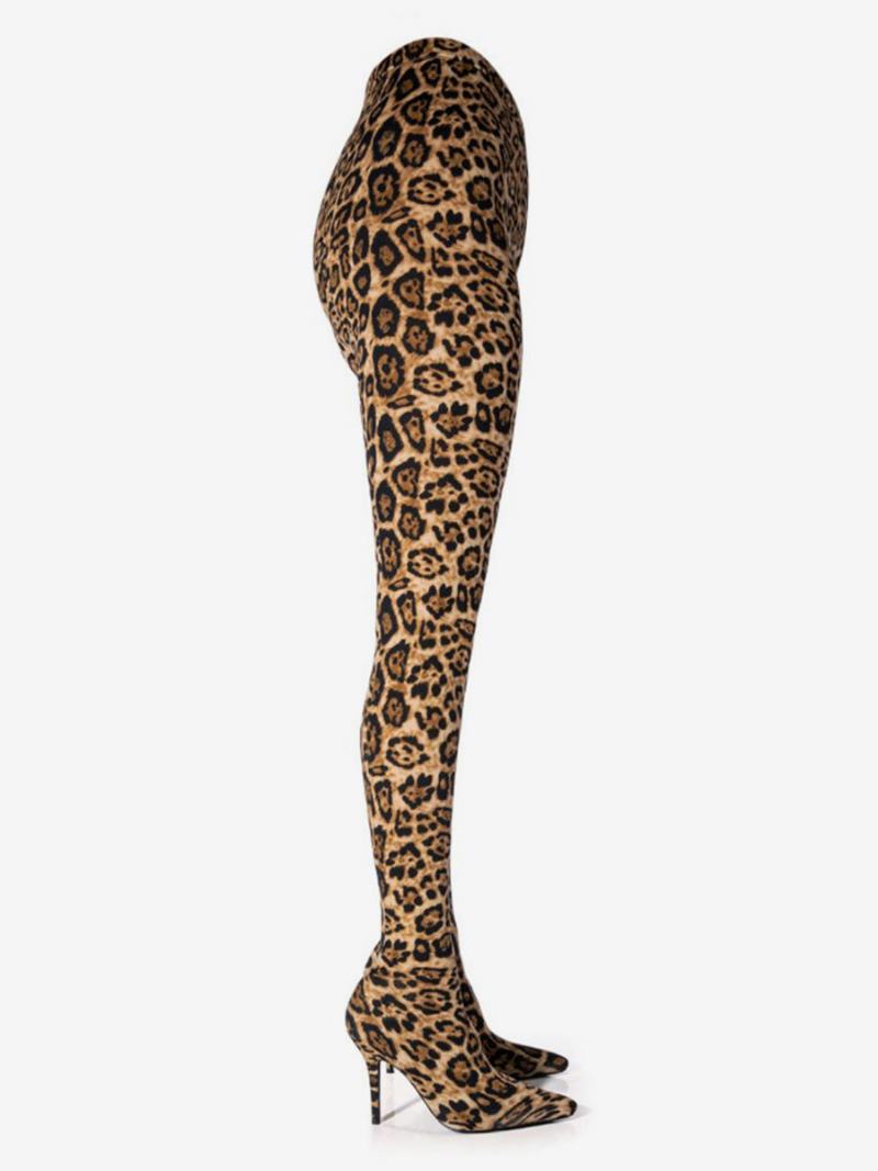 Γυναικείες Μπότες Με Στάμπα Leopard Ψηλές Stiletto Heel Ελαστικό Ύφασμα - Καφέ Καφέ