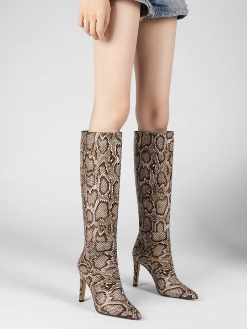 Γυναικείες Μπότες Ροδακινί Ροζ Μυτερές Stiletto Heel Knee Boots - Καφέ Καφέ