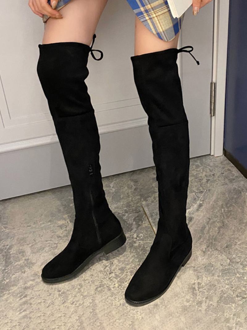 Γυναικείες Μπότες Ψηλές Μαύρες Suede Flat Over The Knee