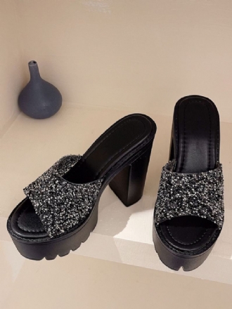 Γυναικείες Παγιέτες Slingbacks Chunky Heel Mules Pu Δερμάτινο Μαύρο