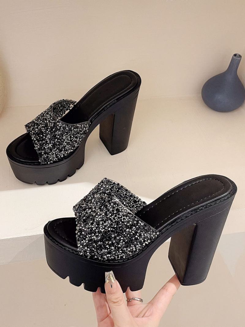 Γυναικείες Παγιέτες Slingbacks Chunky Heel Mules Pu Δερμάτινο Μαύρο - Μαύρο