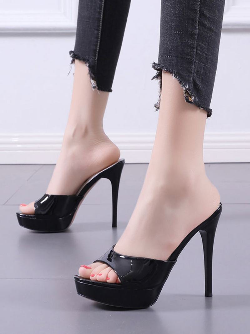 Γυναικείες Παντόφλες Χακί Πατέντα Pu Peep Toe Stiletto Heel Slingbacks Σέξι Με Τακούνι - Μαύρο