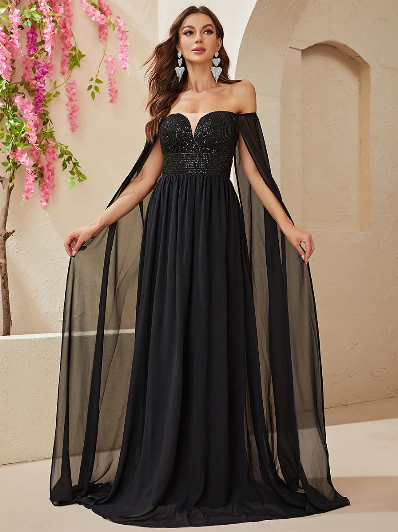 Γυναικείες Πούλιες Dress Off The Shoulder Empire Waist Prom Maxi Φορέματα Σε Μαύρο Χρώμα