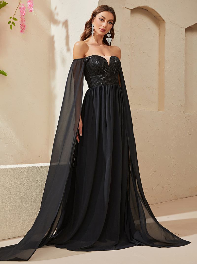 Γυναικείες Πούλιες Dress Off The Shoulder Empire Waist Prom Maxi Φορέματα Σε Μαύρο Χρώμα - Μαύρος