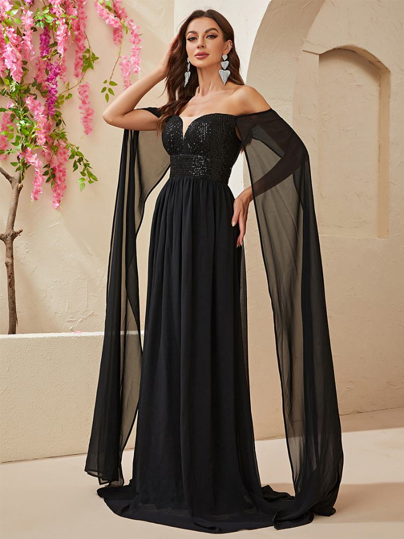 Γυναικείες Πούλιες Dress Off The Shoulder Empire Waist Prom Maxi Φορέματα Σε Μαύρο Χρώμα - Μαύρος