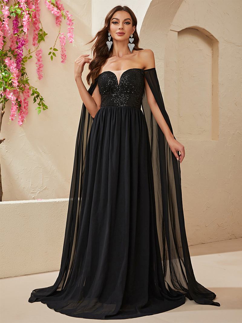 Γυναικείες Πούλιες Dress Off The Shoulder Empire Waist Prom Maxi Φορέματα Σε Μαύρο Χρώμα - Μαύρος